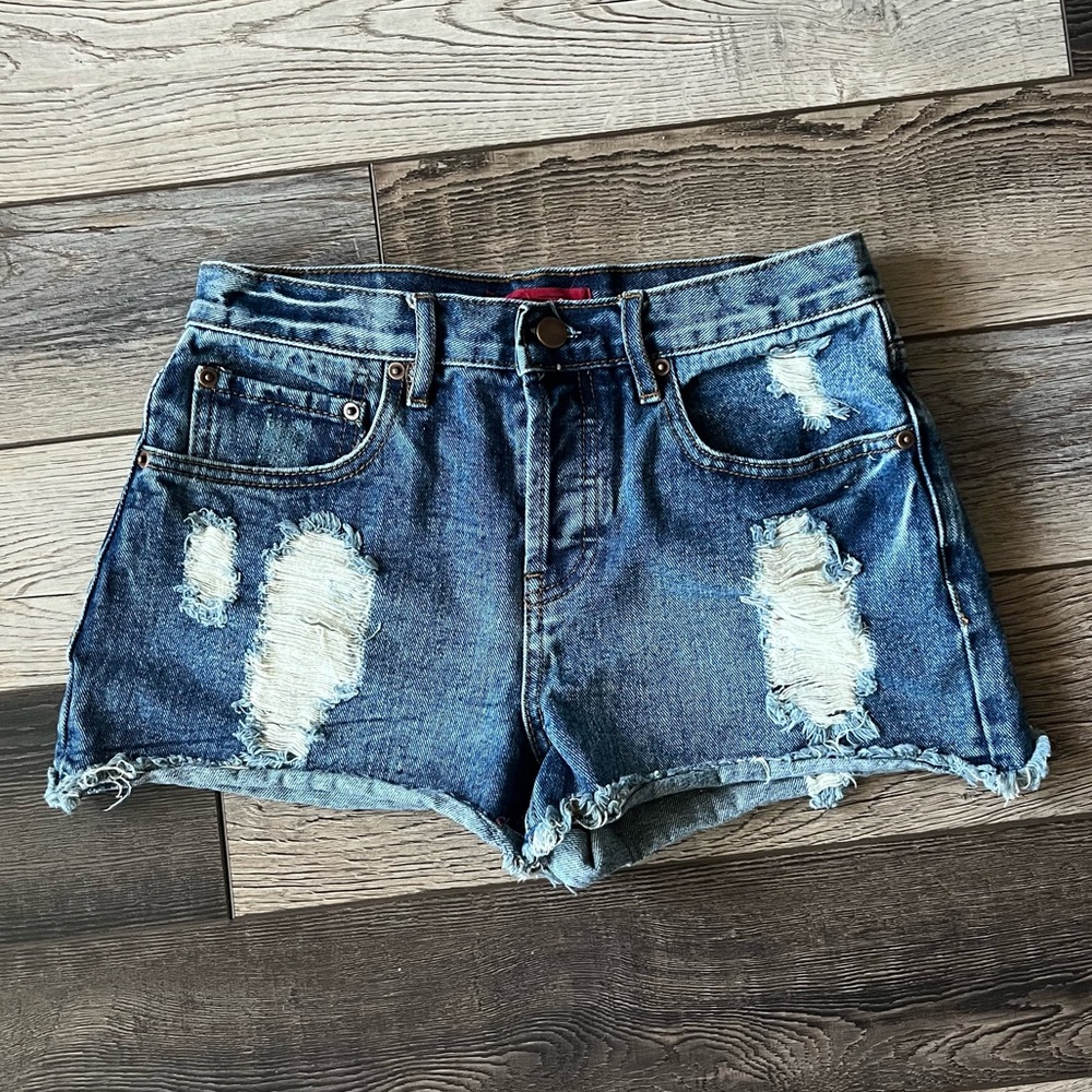 Distressed Denim Button Up Cutoff Shorts